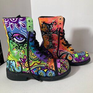 70s Look Handpainted Combat Boots Peace Love Imagine Moon Sun Leather M8 1/2 W 1